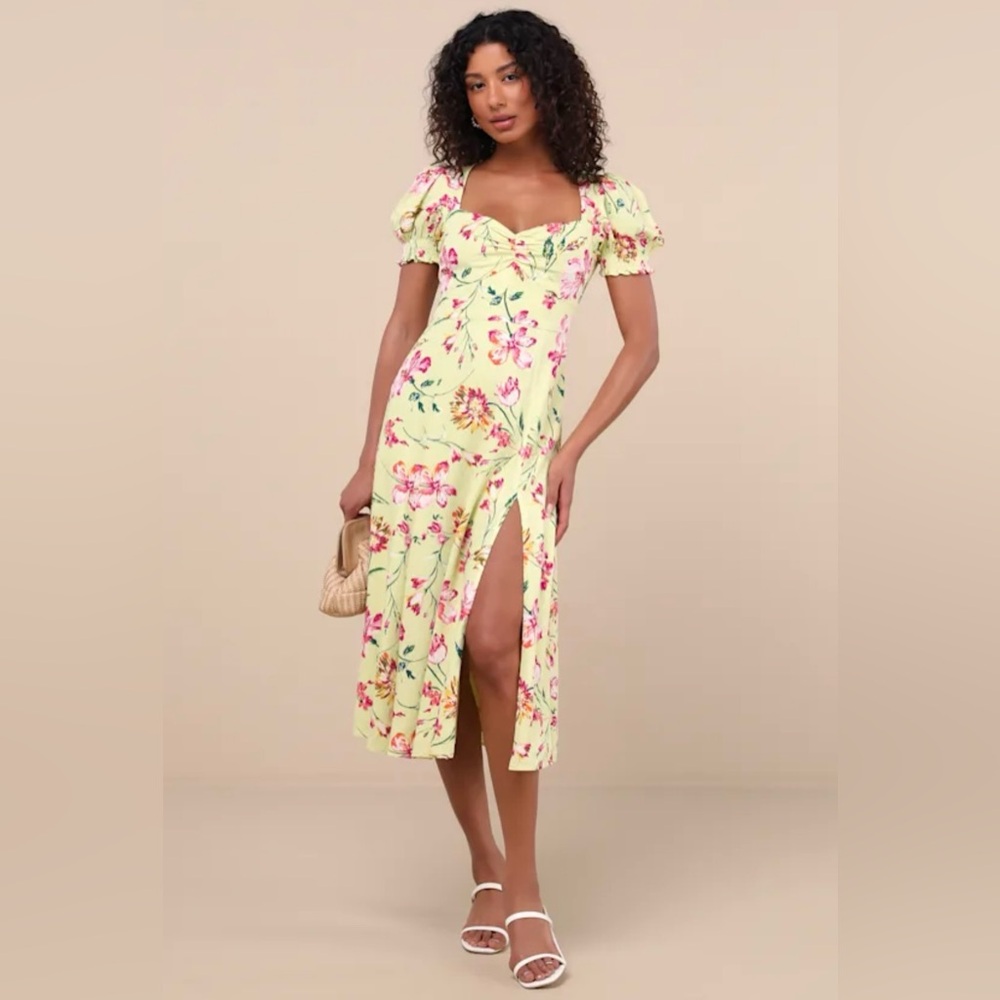 Lulus Parisian Picnic Green Floral Jacquard Puff Sleeve Midi Dress - Size XL